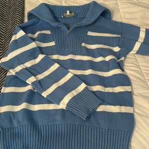 Blue and white striped English factory quarter zip sweater